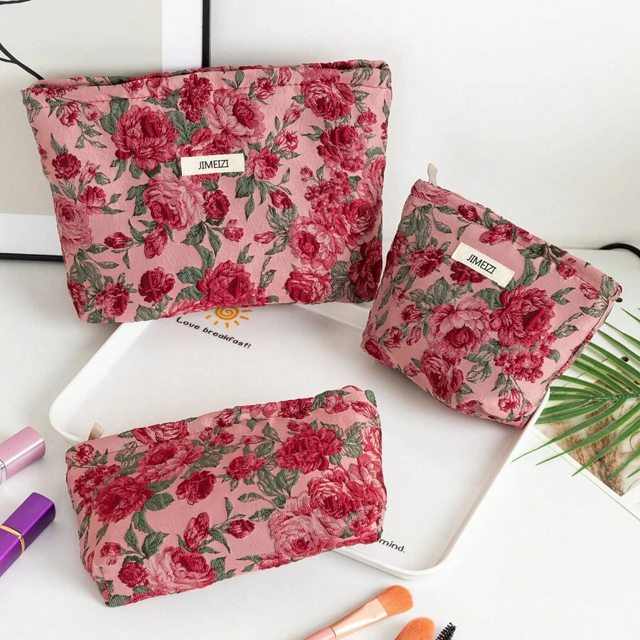 Red Rose Floral Pattern Handbag Cosmetic Pouch, Portable Sanitary Napkin Organizer Bag, Large Capacity Wallet, Zipper Storage Bag For Travel & Makeup Brushes