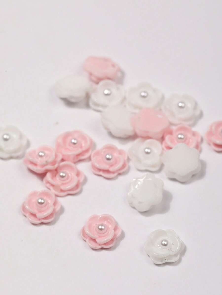20 Pieces Of Pink And White Mixed Rose Nail Art Accessories, DIY Wearable Nail Resin Three-Dimensional Art Decorative Small Accessories, Versatile And Simple Style Accessories