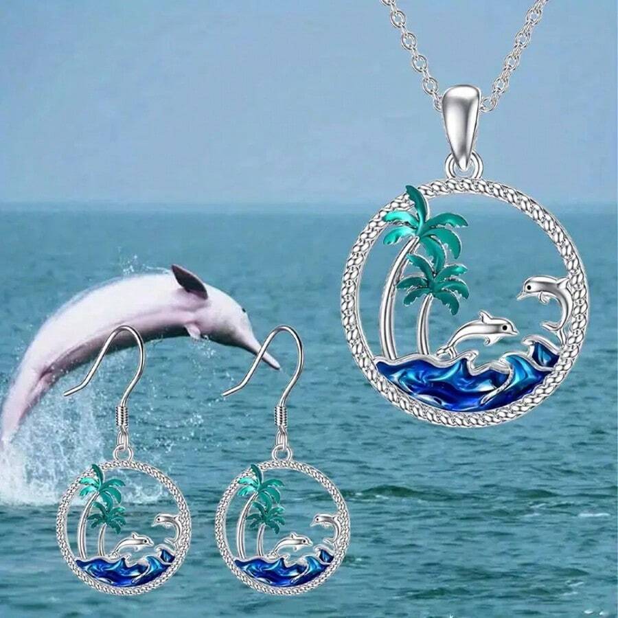 Summer Ocean Palm Tree Hollow Design Necklace & Earring Jewelry Set, Palm Tree, Sea Wave, Mother-Child Dolphin Pendant Necklace, Gift For Women, Girlfriend, Mom