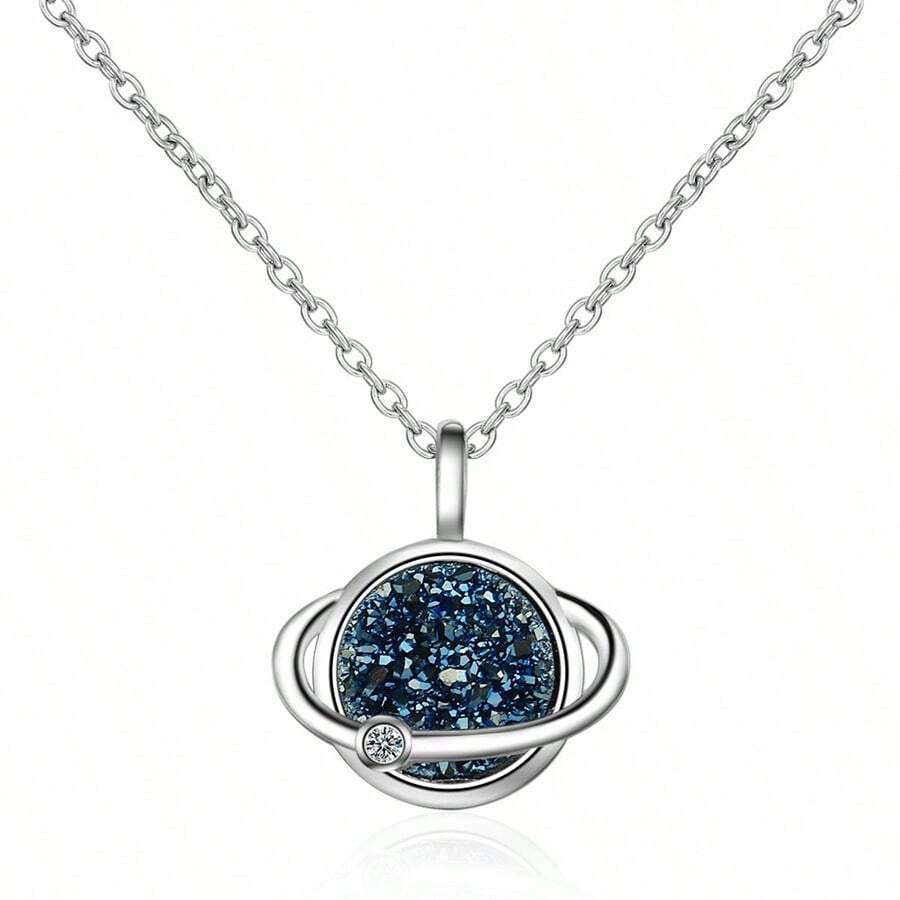 Colar feminino de prata esterlina 925 com planeta azul, pingente minimalista de cristal azul e ágata, gargantilha curta para uso diário, caixa de presente