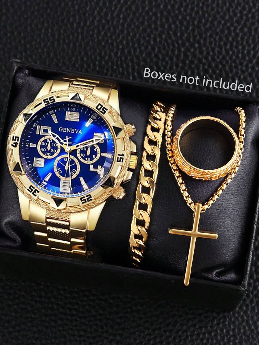 4 Pieces Business Men Pointer Quartz Watch Sports Boy Fashion Matching Bracelet, Cross Necklace And Ring, Gifts For Father