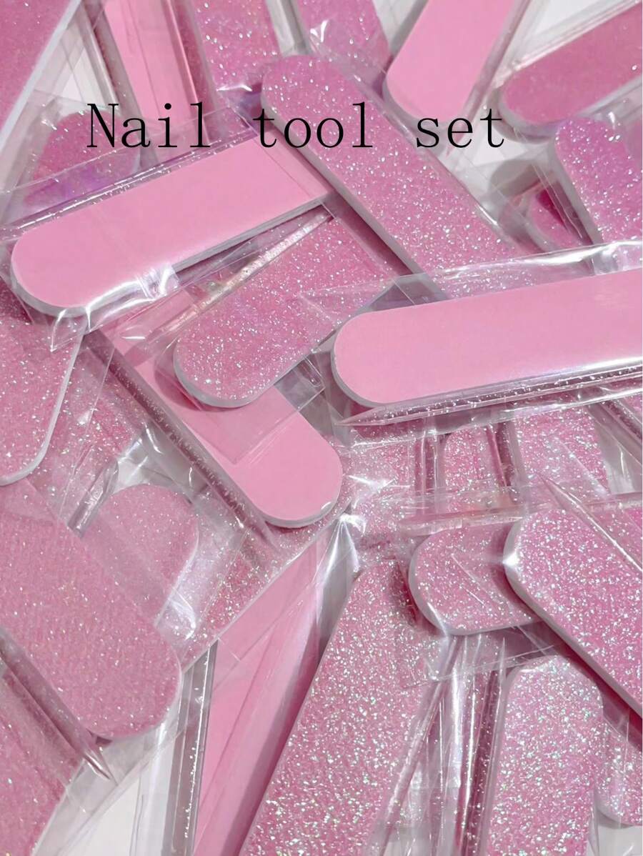 6 Packs/12pcs Manicure Set With Metallic Pink Base, Glitter, Nail File, Crystal Stick & Cuticle Remover