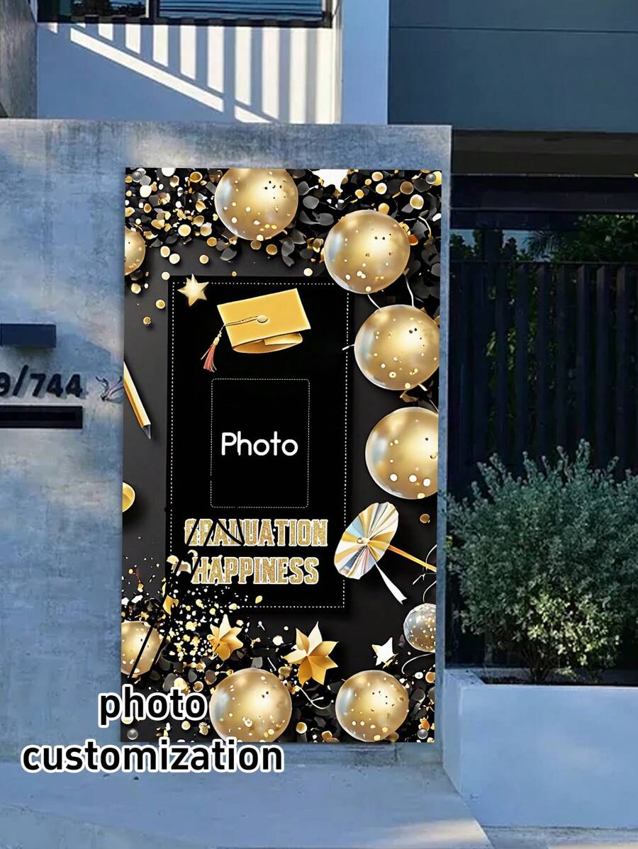 1pc Customizable Photo Backdrop, Black & Gold Graduation Season College Graduation Party Decoration For Entrance, Porch Background