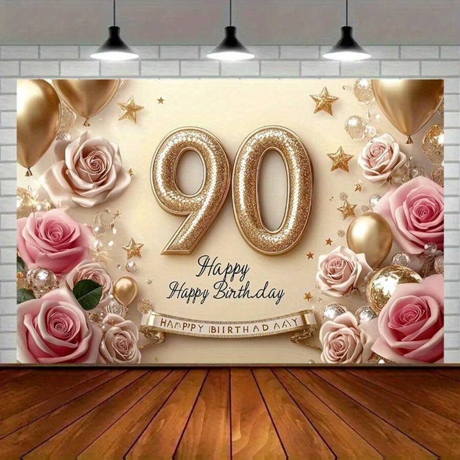 1 faixa para festa de 90 anos - fundo elegante de poliéster dourado e rosa com rosa, estrela e design de "Feliz Aniversário", adequado para decoração de casa e parede, decoração de festa de aniversário, volta às aulas, material escolar