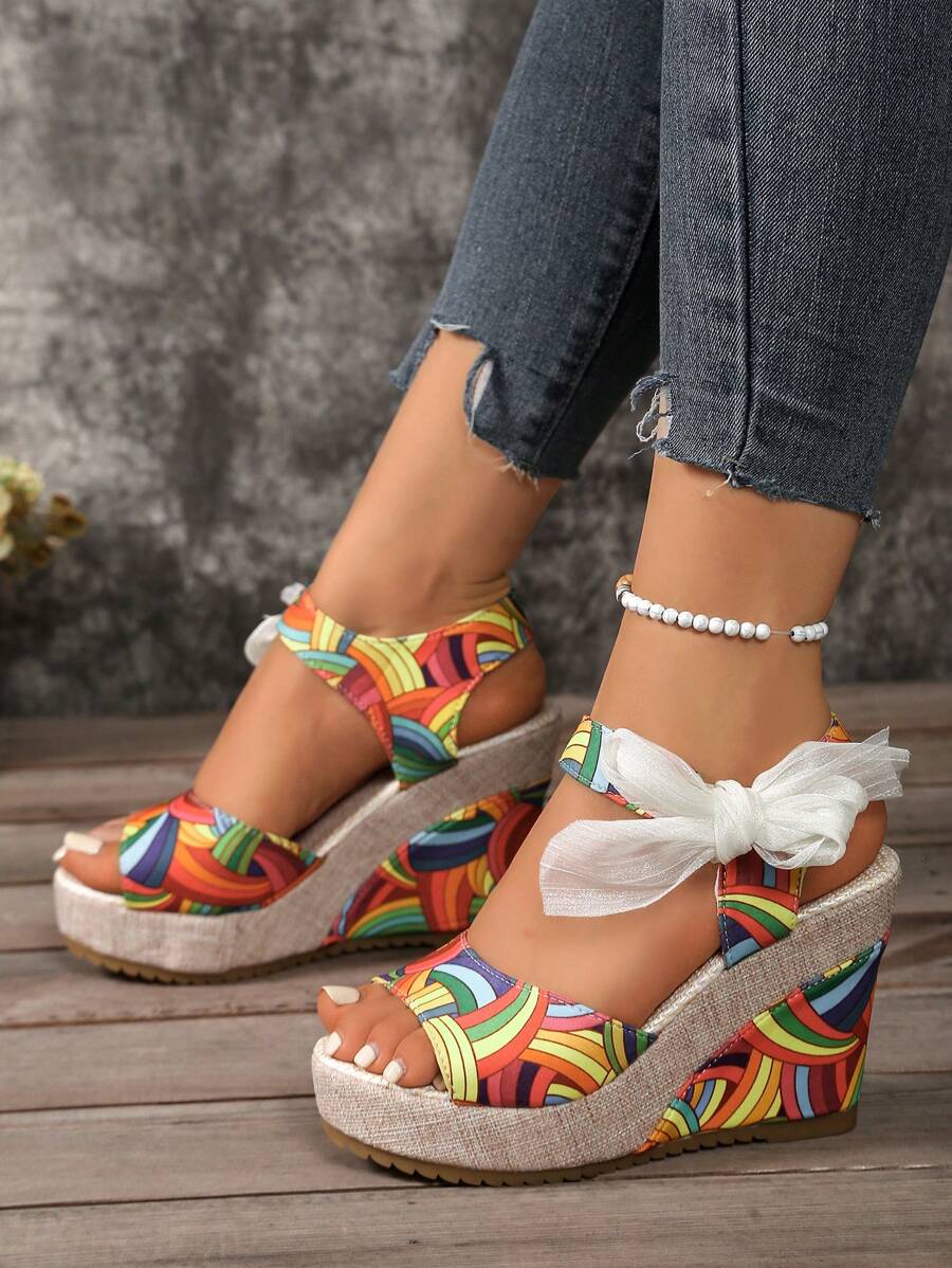 European Women's Wedge Platform Sandals With Ribbon Wrap, New 2024 Spring/Summer Outdoor Versatile Strap Buckle Lace-Up Sandals, Model/Stage Sexy Floral Color-Blocking Beach Casual Open Toe Comfortable Slides