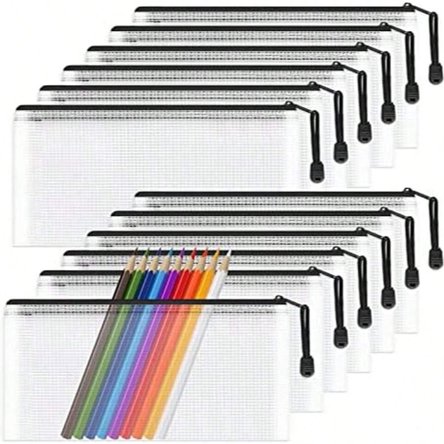 Bolso con cremallera de malla estilo carpeta, 12 piezas de estuches de lápices transparentes de plástico, billeteras, carpetas, bolsas de almacenamiento impermeables para útiles escolares, facturas, cosméticos, papelería y accesorios de viaje, negro, estuche para lápices, bolsa escolar