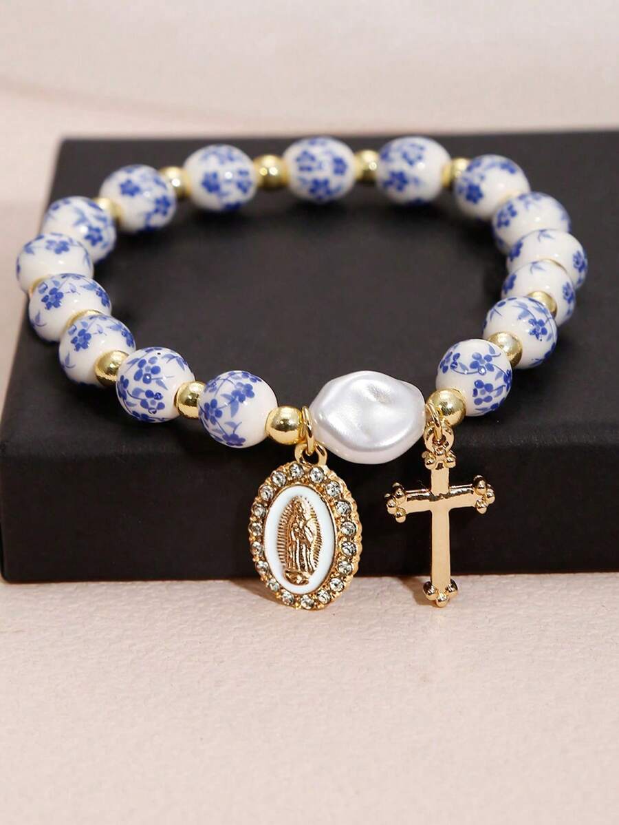 1 pièce Magnifique et délicat bracelet en céramique avec perles dorées et perles baroques artificielles, avec Vierge Marie et pendentif en acier inoxydable. Un excellent cadeau/bijou chrétien/cadeau chrétien