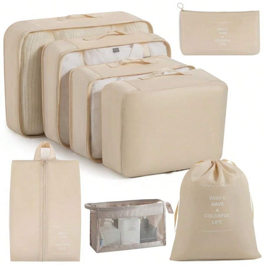 8pcs Travel Organizer Bags Set, Waterproof Portable Packing Cubes, Clothes Storage Bags, Luggage Organizers, Underwear Bags, Waterproof Zipper Packing Pouches, Travel Essentials, Dorm Necessities, Back To School Nylon, For Students, Teachers, Beach, Summer Vacation