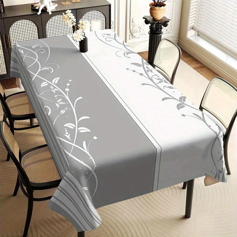 1pc Modern Simple Style Tablecloth, Gray & White Striped Leaf Pattern Washable & Easy To Clean Tabletop Cover, Suitable For Indoor/Outdoor Multiple Scenes Decoration, Home Living Room Kitchen Decor, Picnic Holiday Party