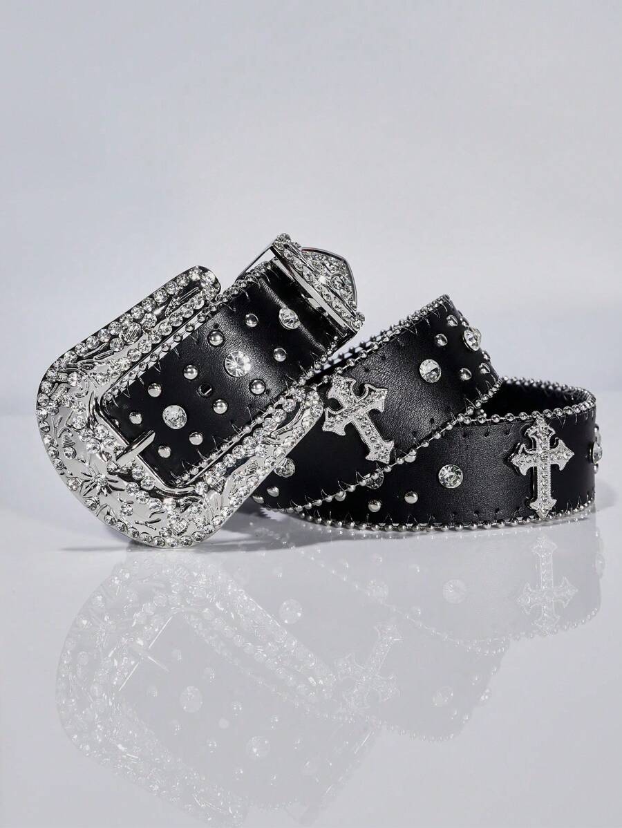 1 Stück Unisex Kreuz Diamant besetzter Schwerlast-PU-Gürtel, geeignet für Nachtclub, Punk, Rock, Y2K-Stil Sommer, Schule