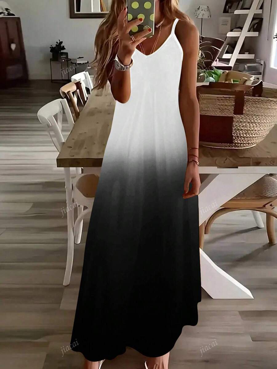 Plus Size Women Ombre Print Spaghetti Strap Maxi Dress, Casual Vacation Style V-Neck Cami Dress, Loose Summer Wear