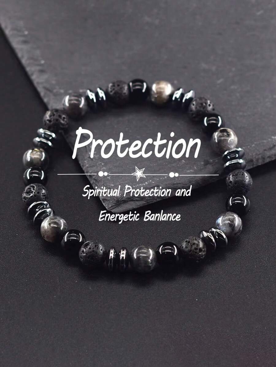 1 Stück Herren Schutzarmband - Labradorit & Schwarze Vulkanstein Perlen Armband für Frauen Männer, spiritueller Schutz und energetisches Gleichgewicht Schmuck