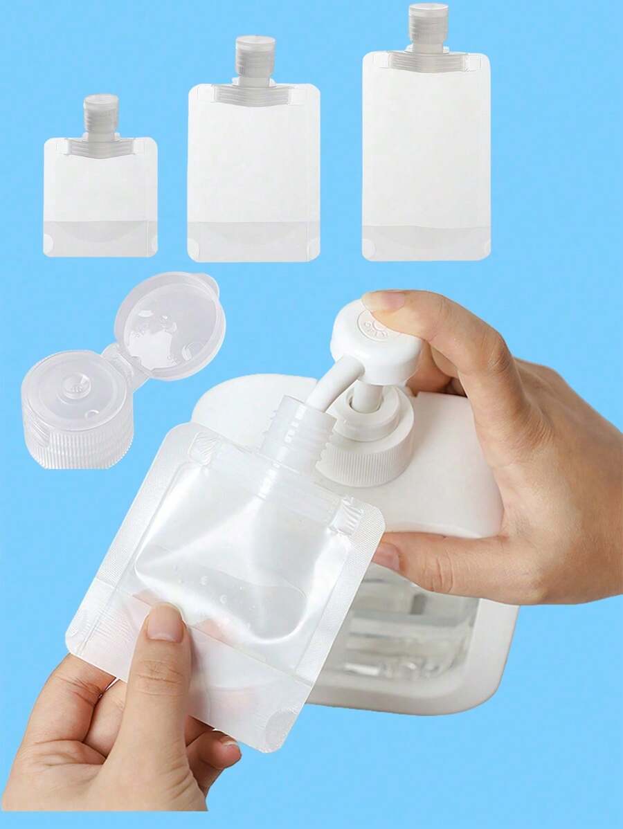 Un set de 3 piezas de cosméticos, que incluye loción, gel de ducha y champú, es portátil para viajes de negocios y viajes, y está empacado en bolsas desechables de vuelta a la escuela