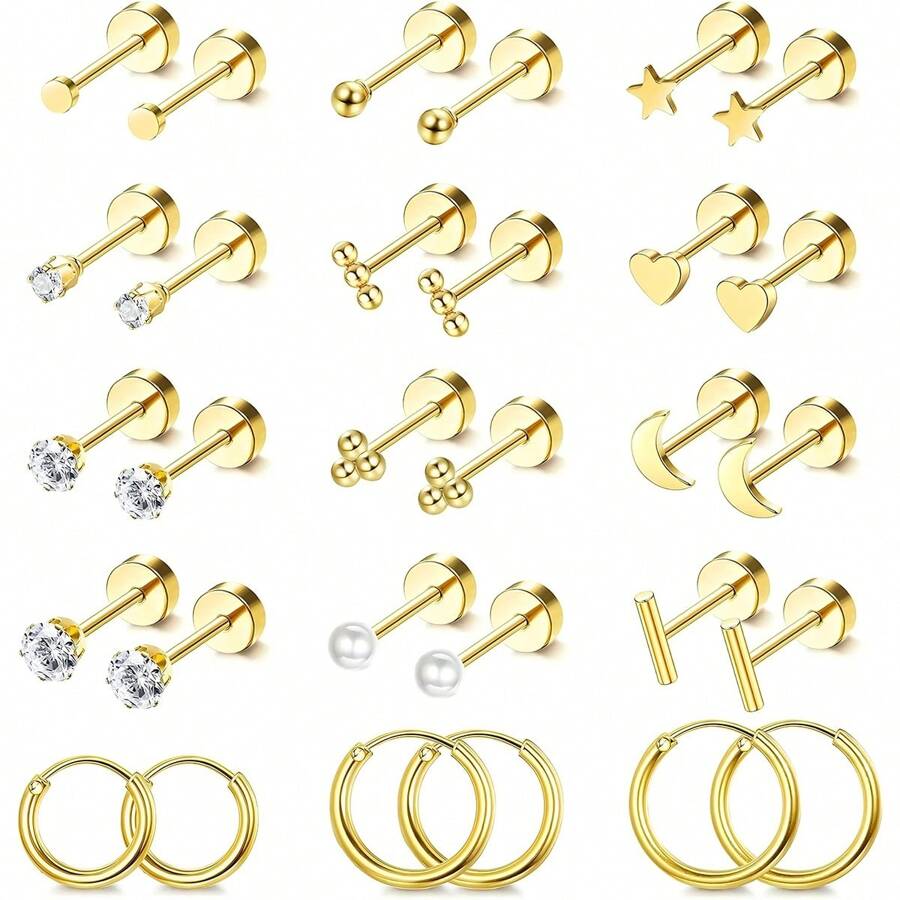 30pcs 18K Gold Plated Hypoallergenic Flat Back Stud Earrings Set, Small Stainless Steel Screw Back Earrings For Women