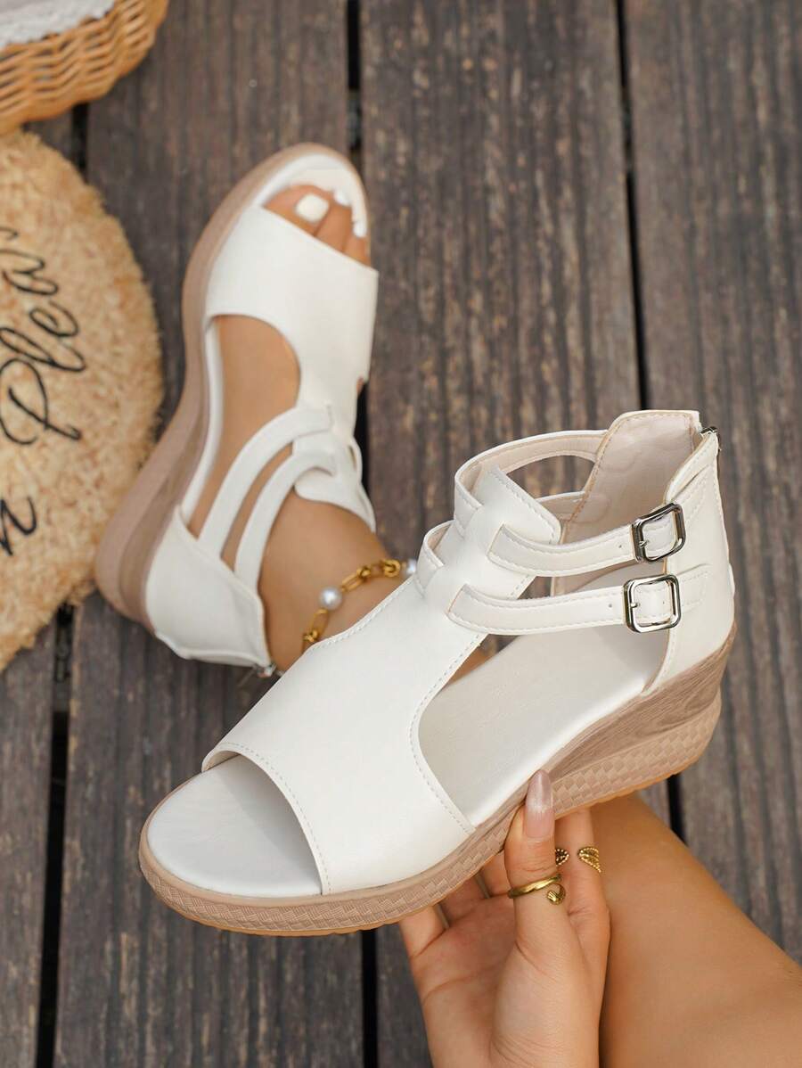 1 Coppia di sandali boemi con fibbie vuote di colore unito, alla moda, con tacco alto, adatte per ufficio, casa e uso all'aperto, primavera/estate