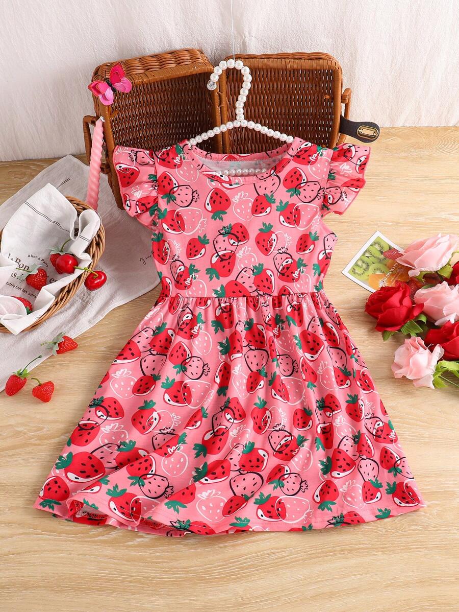 1pc Young Girl Countryside Strawberry Print Cap Sleeve Dress, Spring/Summer