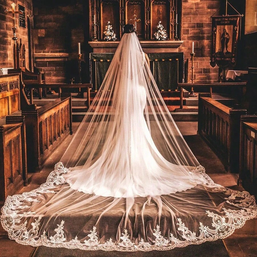 1 Peça Véu de Catedral Nupcial de Luxo com Renda, Cauda Longa de 3m, Acessório de Cabelo para Casamento