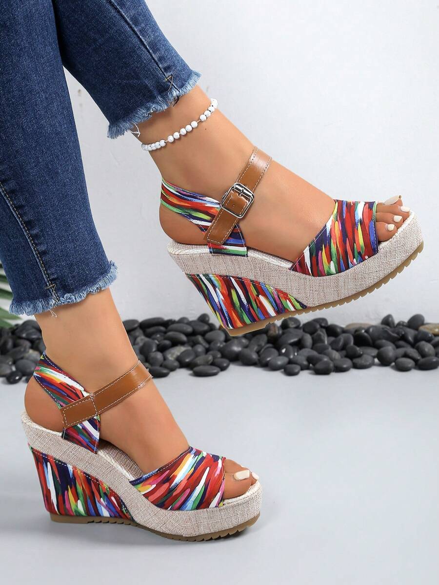 2024 New European Women Platform Wedge Sandals, Outdoor Versatile One-Strap Slides, Sexy Floral Print Beach Casual Slippers, Comfortable Open Toe Shoes, Green Floral Elevated Petite Shoes