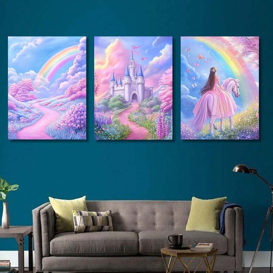 3pcs Modern Fairy Tale Princess Palace Rainbow Wall Arts Canvas Posters, HD Printing Optional Frame, Living Room And Bedroom Home Decoration Hanging Paintings ,Wall Art With Frame