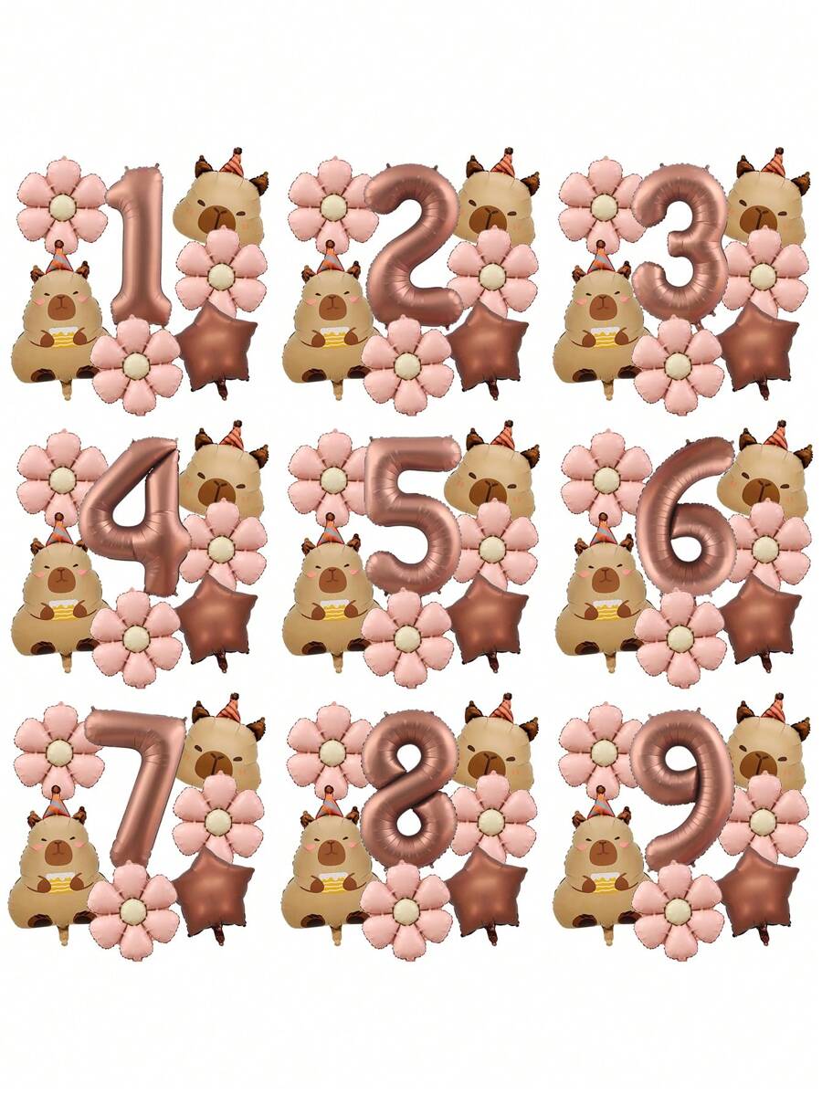 7pcs 40inch Caramel Chocolate Foil Number Capybara Theme Balloon Daisy Flowers Birthday Party Decoration