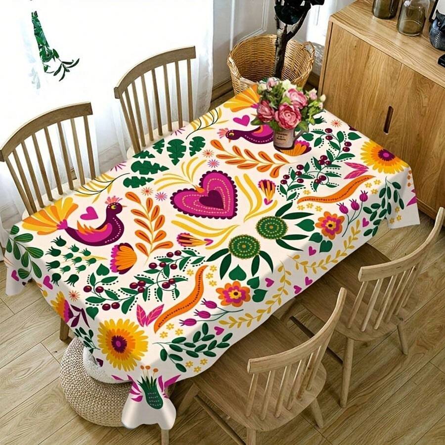 1pc Vibrant Mexican Style Floral Tablecloth, Colorful Sunflower & Heart Design Washable Stain Resistant Decorative Dining Table Cover, Suitable For Home, Living Room, Dining Room, Office, Kitchen, Picnic Or Home Decor