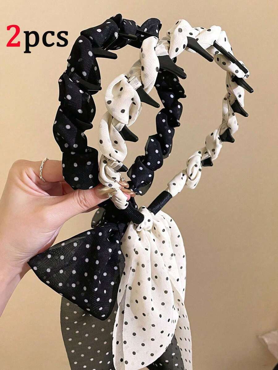 2/1 Pc Polka Dot Ribbon Headband With Long Trailing Bows, Suitable For Daily Wear By Women, Hair Accessory To Create Hairstyles, Sweet & Charming Hair Hoop, High Crown Headband