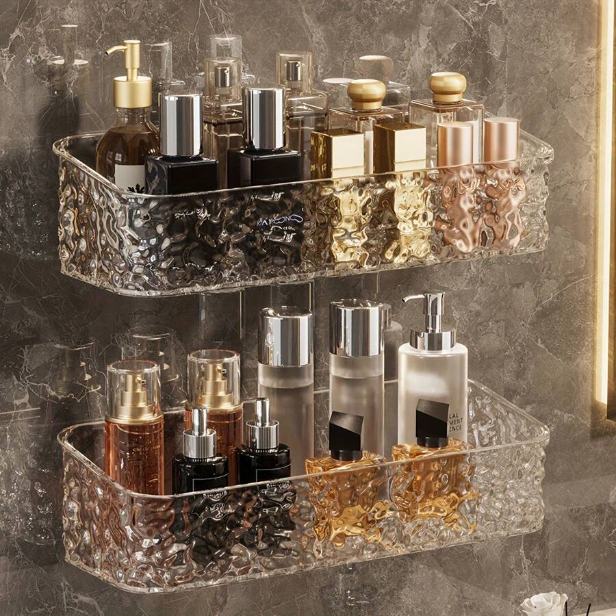 1pc Ice Texture Bathroom Square Shelf, Wall Mounted Transparent Storage Rack For Vanity, Shower Room, Kitchen, No Drilling Required Back To School