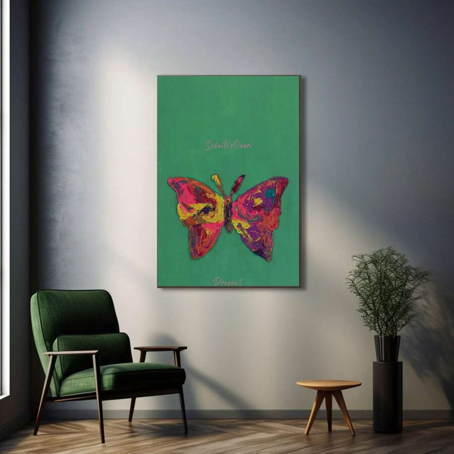 1pc Colorful Butterfly Decor On Green Prints Canvas Painting "Vibrant Butterfly On Green Background" Decor For Bedroom ,Living Room ,Office Room ,Wall Decor
