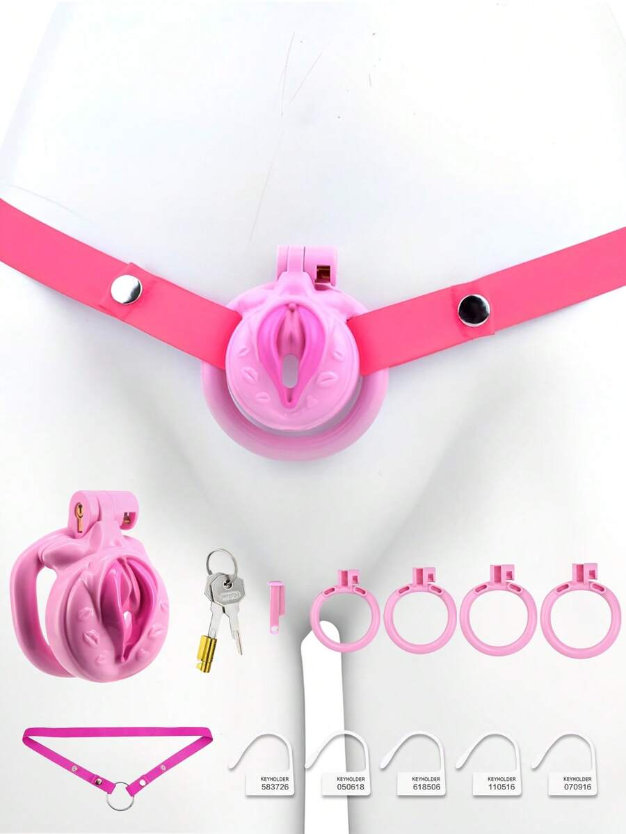 Male Inverted Negative Chastity Cage With 4 Rings Set, Small Men Flat Chastity Device Lock, Realistic Pussy Penis Cage Design, BDSM Bondage Adults Sex Toys For Gay Couples (Pink)