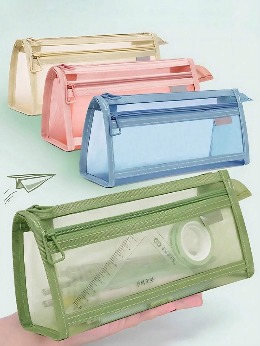 Estojo Morandi 4 peças, estilo Ins, simples, transparente, de malha, dupla camada, grande capacidade, para exame de estudante, bolsa de armazenamento de papelaria, volta às aulas, material escolar, estojo para lápis, mochila escolar
