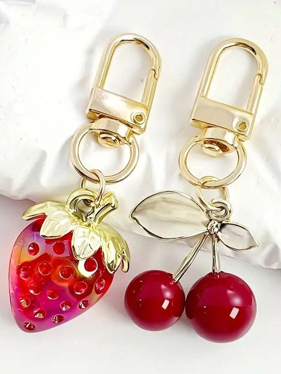 Two-Pack Simulated Resin Fruit Keychain Cute Portable Bag Charm Strawberry Cherry Accessories Purse Pendan Car Accessories