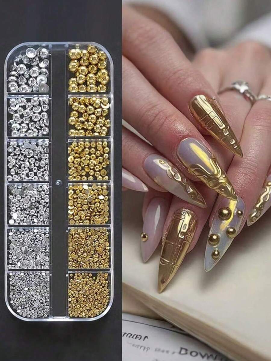 12 Grid/Box Mixed Gold And Silver Semi-Circular Pearl Flat Bottom Pearl,Nail Accessories,DIY Nail Accessories,Nail Art,For Boys And Girls,Punk Style