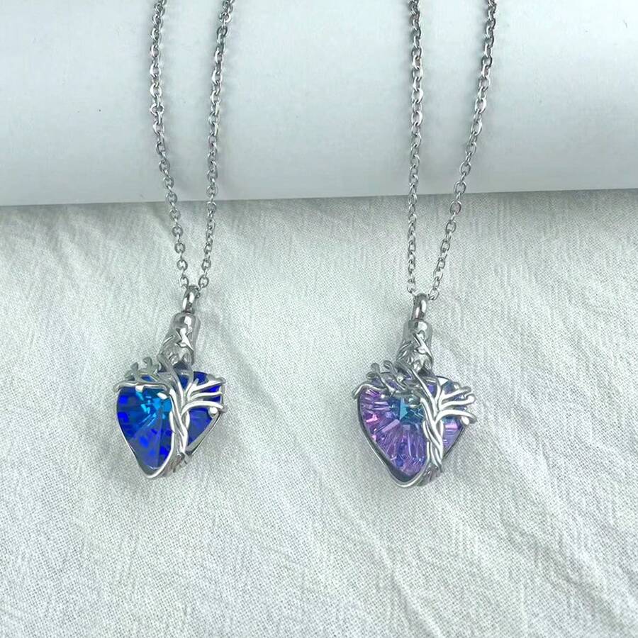 Tree Of Life Urn Necklace For Ashes Heart Cremation Jewelry Stainless Steel With Blue/Purple Crystal With Funnel Filler Memorial Jewelry Gifts For Human Pet