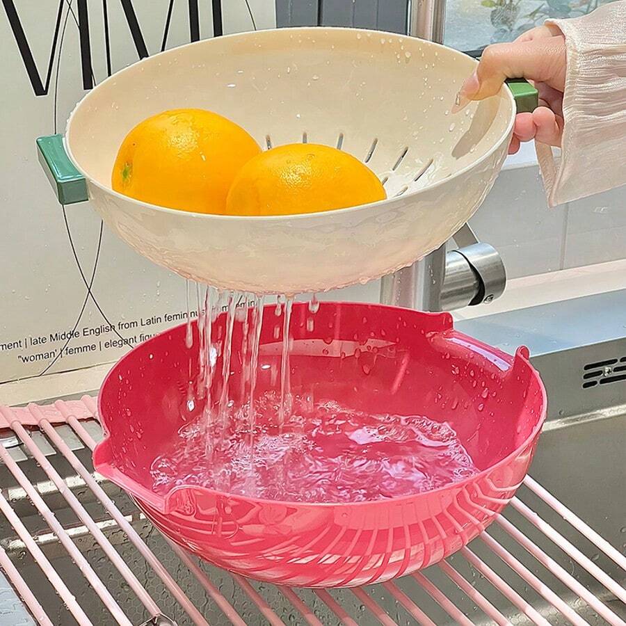 Cesta práctica de plástico de doble capa para verduras y frutas con rotación, colador multicolor para lavado, almacenamiento de cocina