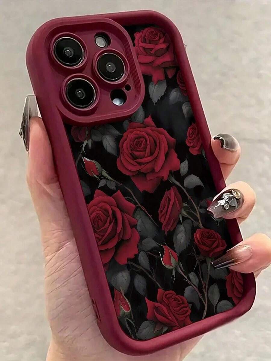 1pc Red Rose Pattern Silicone Matte Shockproof Full Cover Phone Case Compatible With IPhone 16/16E/15/14/13/12/11/Pro Max/X/Xs/Xr/Xs Max/7/8/7 Plus/8 Plus