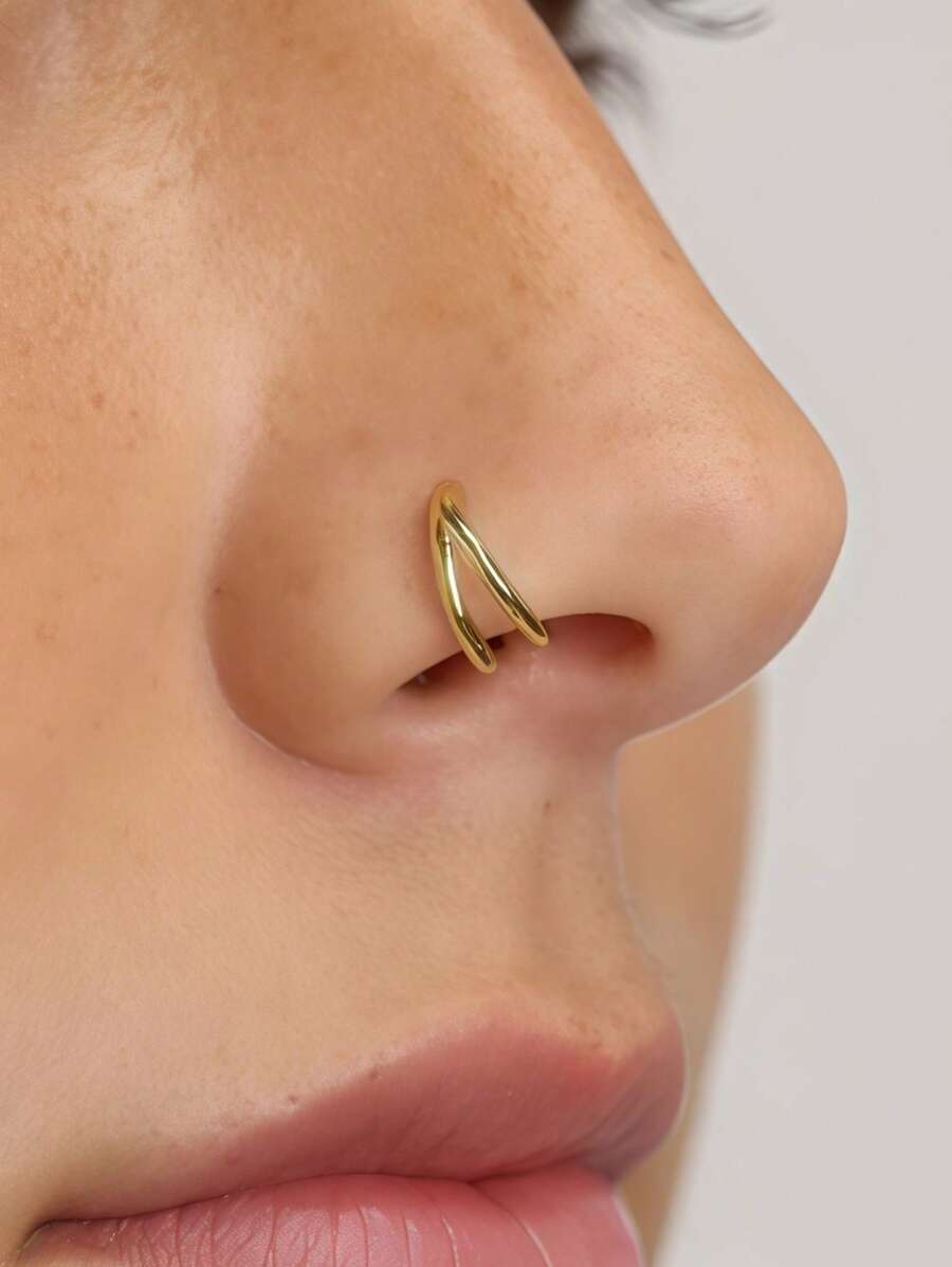 1 pièce Bague de nez en argent sterling S925 à double couche, brillante, petite et légère. Bijou de perçage élégant et simple pour le septum nasal, le cartilage en spirale et le tragus, en or et en argent, convient au port quotidien des femmes.