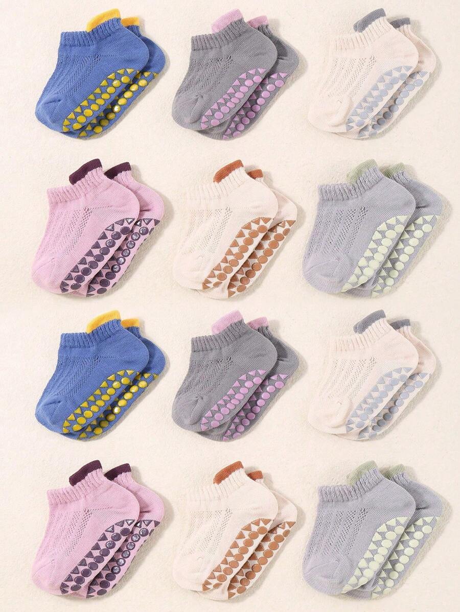 12 pares de calcetines cortos de malla transpirables para bebé, calcetines tipo barco con puntos antideslizantes, calcetines para piso para niños pequeños, calcetines para bebé con agarre, calcetines para caminar en interiores para recién nacidos.