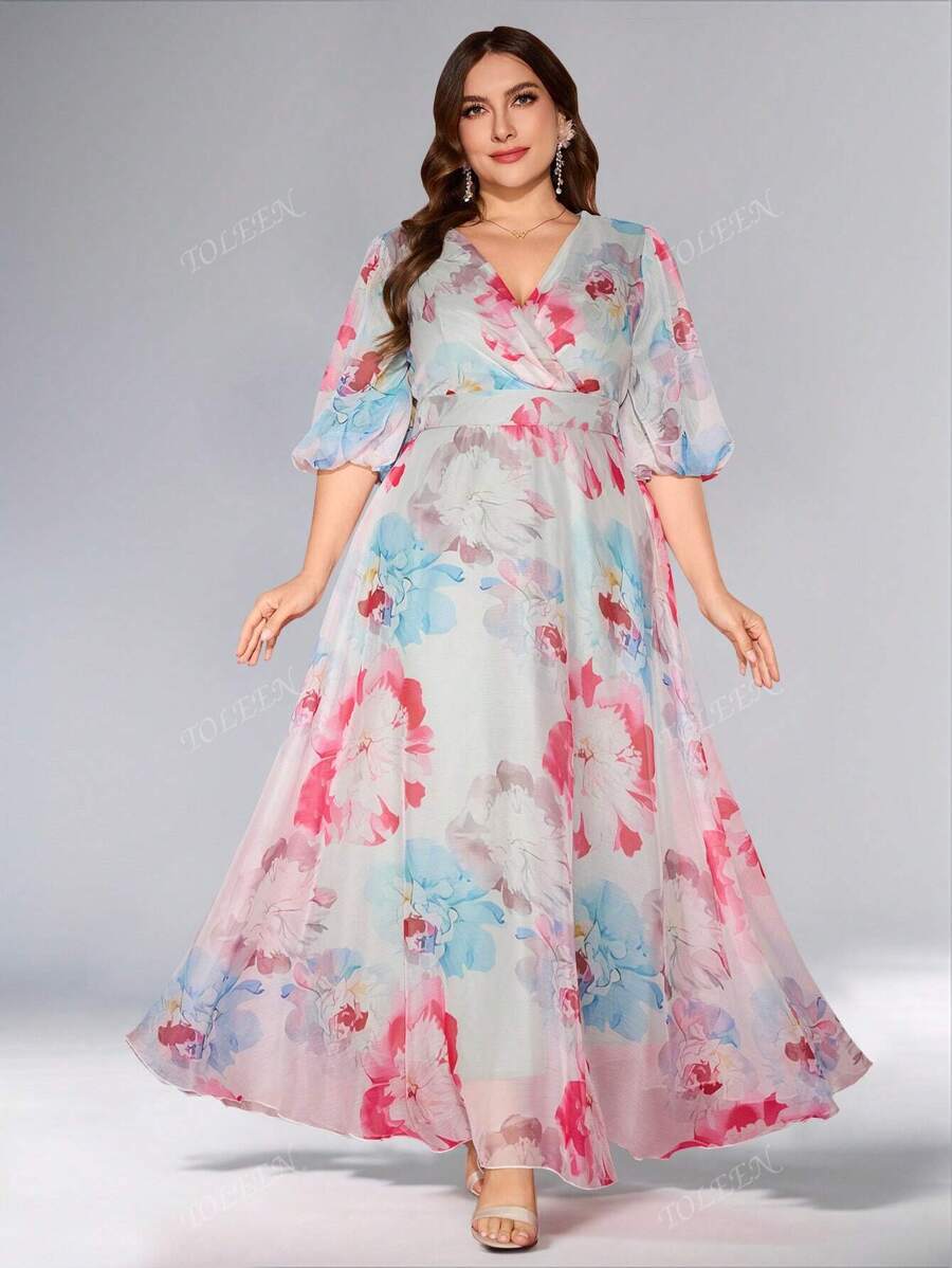 Vestito midi da donna taglie forti con scollo incrociato, stampa floreale casuale e grande, maniche a lanterna lunghe eleganti