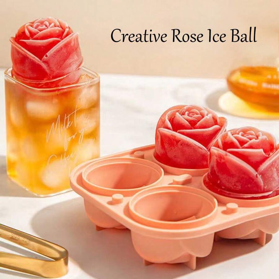 1 pezzo Di Esclusivo Stampo Per Cubetti Di Ghiaccio A Forma Di Rosa Con 4 Cavità, Stampo In Silicone Per Grandi Cubetti Di Ghiaccio Per Bevande Fatte In Casa, Adatto Per Famiglie E Coppie, Regalo