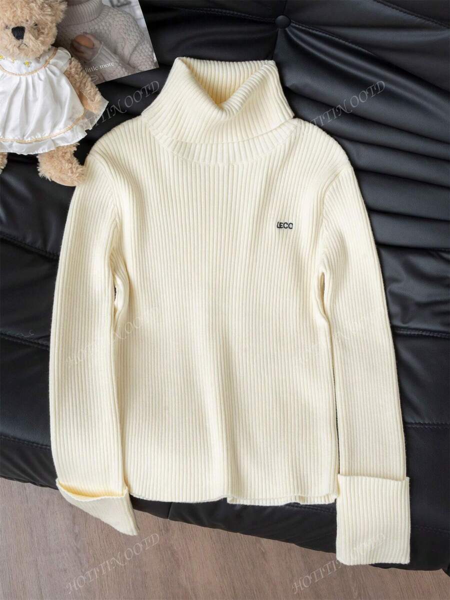 Women's Elegant High Neck Embroidery Texture Special Design Sweater, Apricot, Fitted Long Sleeve Knitted Top, Suitable For Commuting In Autumn/Winter