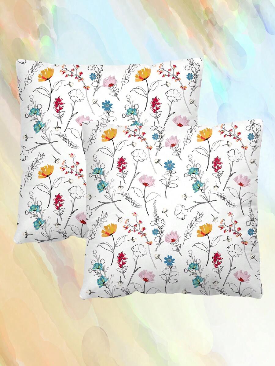 2pcs Ditsy Floral Pattern Decorative Throw Pillow Cases, Letter Print Square Pillowcase Without Filler, Cute Cushion Covers For Sofa, Living Room