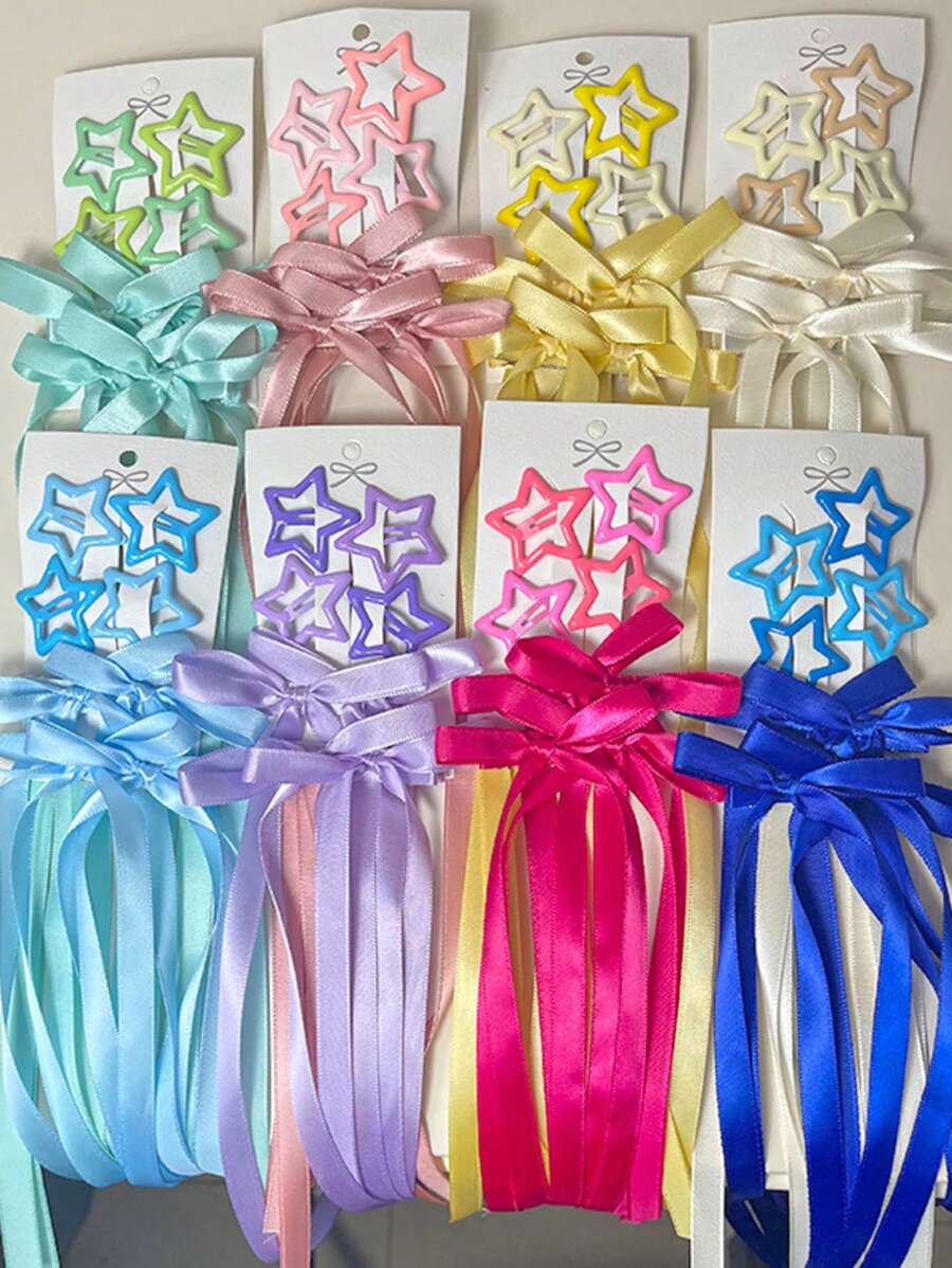 6pcs/Set Women's Hair Accessories - Star, Bow Decor, Ballerina Style Bow Ribbon Hair Clips, Double Ponytail Ribbon Hair Ties, Sweet Bow Hair Clips, Suitable For Daily Use, Cute (Not Include Card)