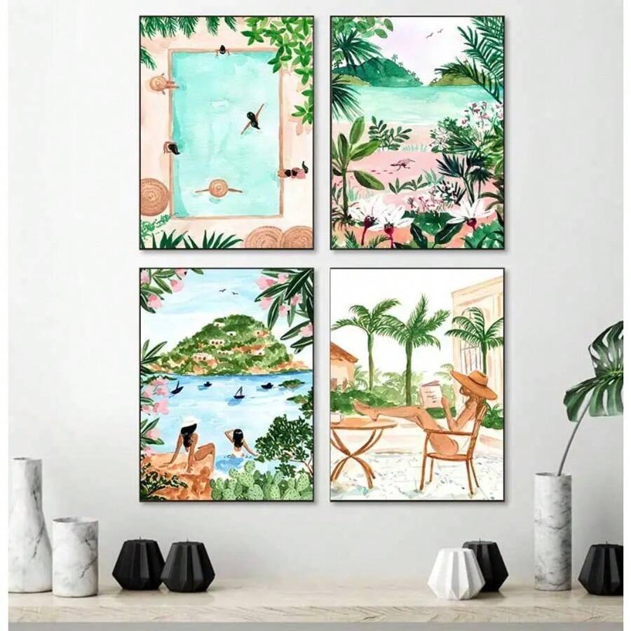 1 pièce Œuvre d'art murale d'été moderne pour fête de piscine. Impression tropicale de plante, image de voyage, fille de spa. Peinture sur canevas. Poster de décoration de salle de séjour, cadeau, décoration. canevas optionnelle avec cadre