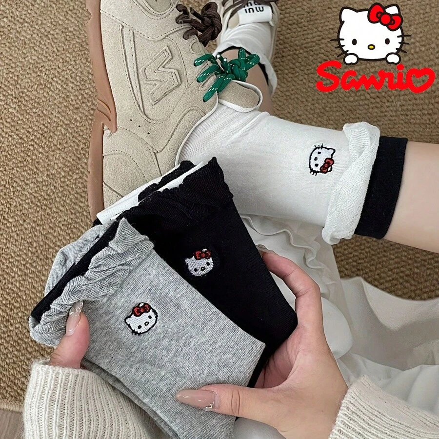 Sanrio 1Pair Sanrio Socks For Women For Spring And Summer, Thin, Hello Kitty, Cute, Preppy, Versatile Socks