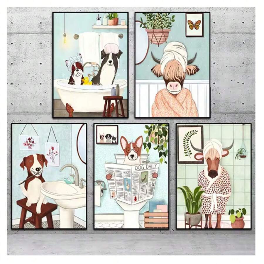 1pc Frameless Interesting Animal Print Canvas Posters Vintage Painting Highland Cow Dog Printing Wall Arts Modern Bathroom Wall Decoration Home Decoration Gift ,Wall Art With Frame