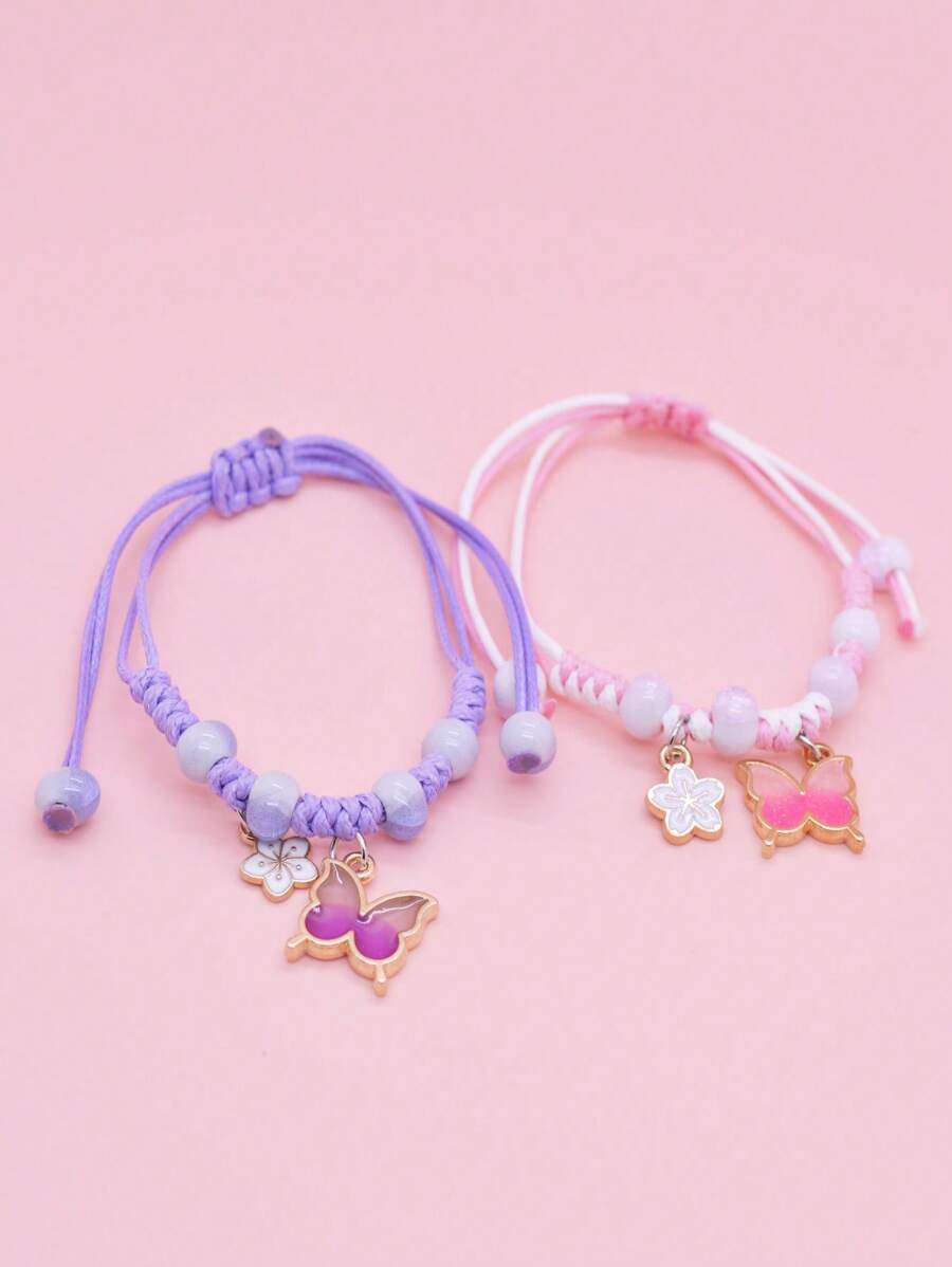 Set de 2 pulseras de la amistad tejidas ajustables con colgante de mariposa y flor, regalo para la mejor amiga
