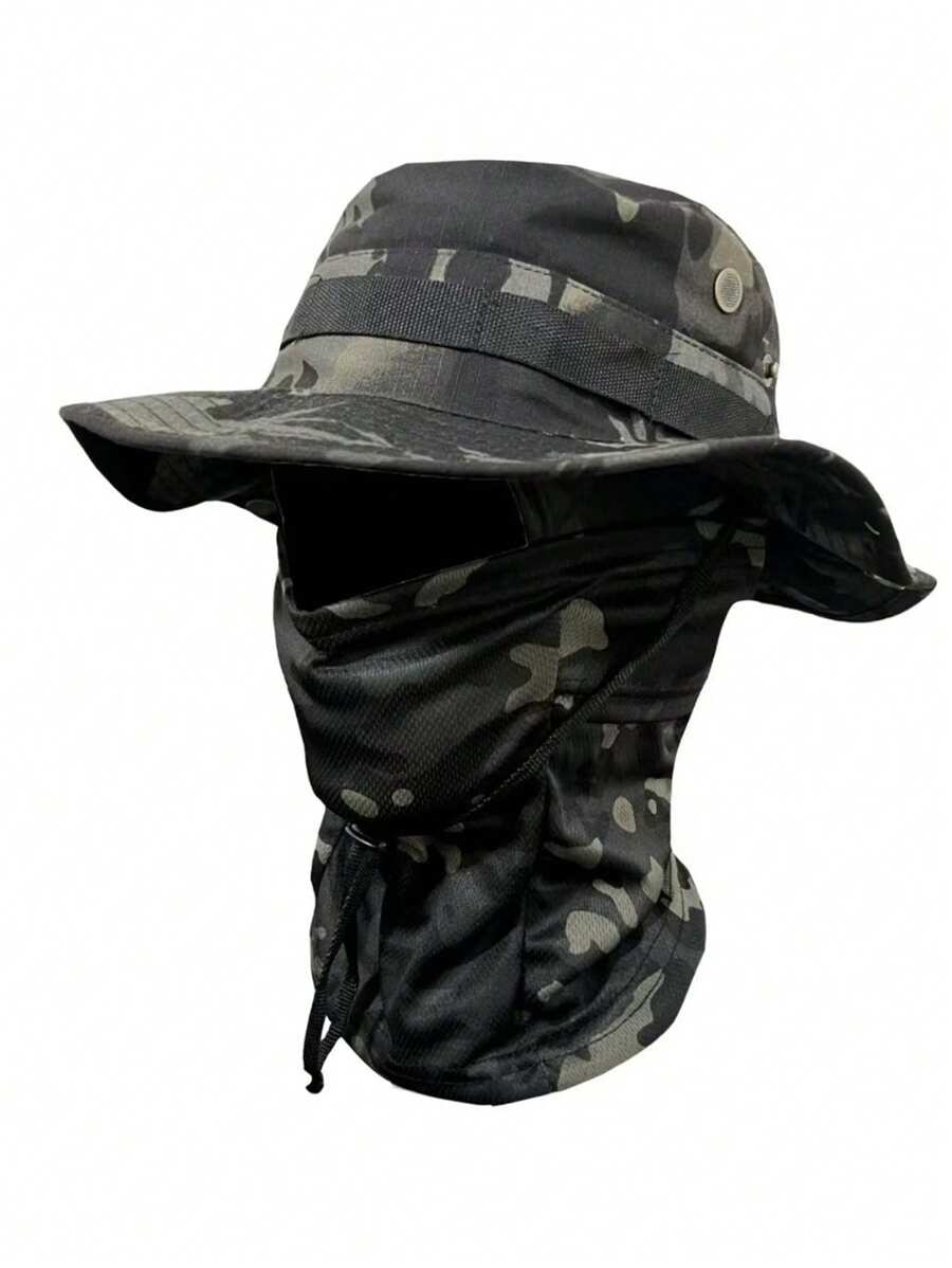 1pc Men's Spring/Summer Quick Dry Camouflage Wide Brim Bucket Hat Set, Casual Outdoor Cycling Hiking Camping Fishing Sun Protection Face Mask Drawstring Beanie Ski Masks