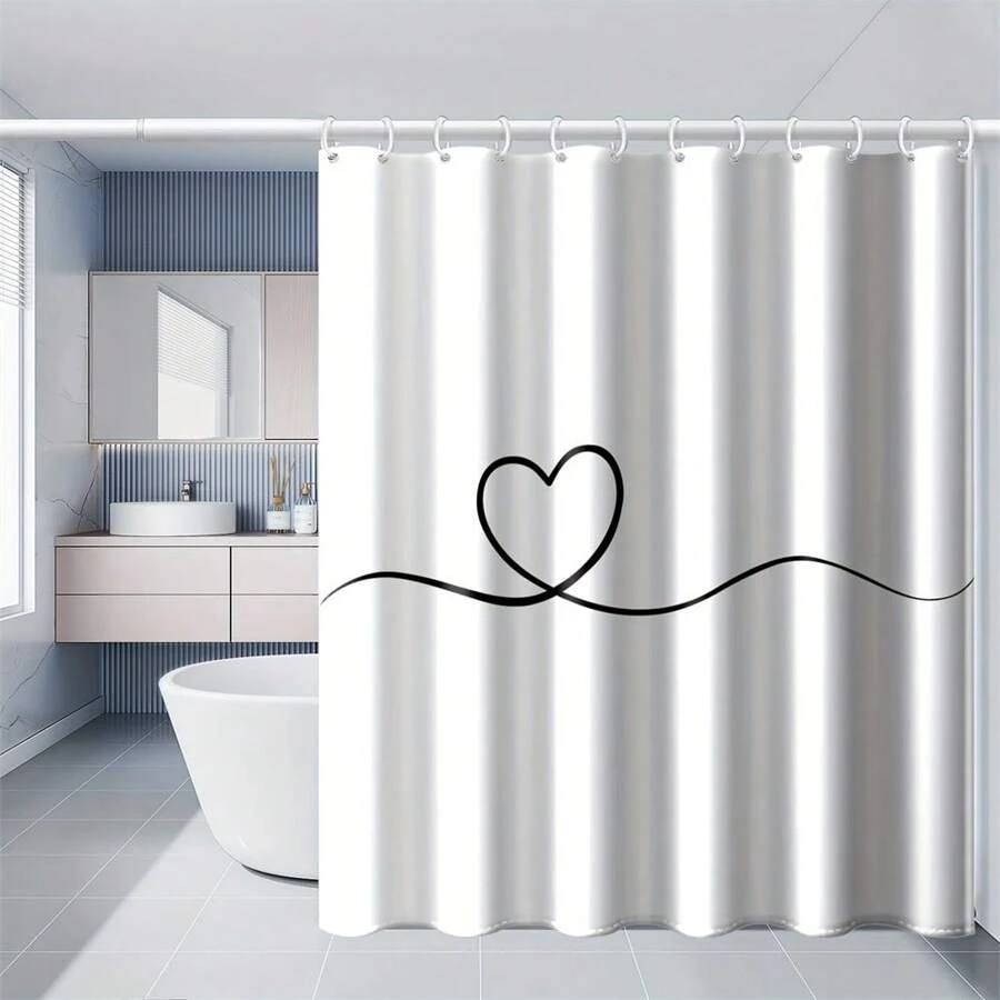 1pc Waterproof White Love Shower Curtain With 12 Hooks - Perfect Bathroom Decor And Window Covering