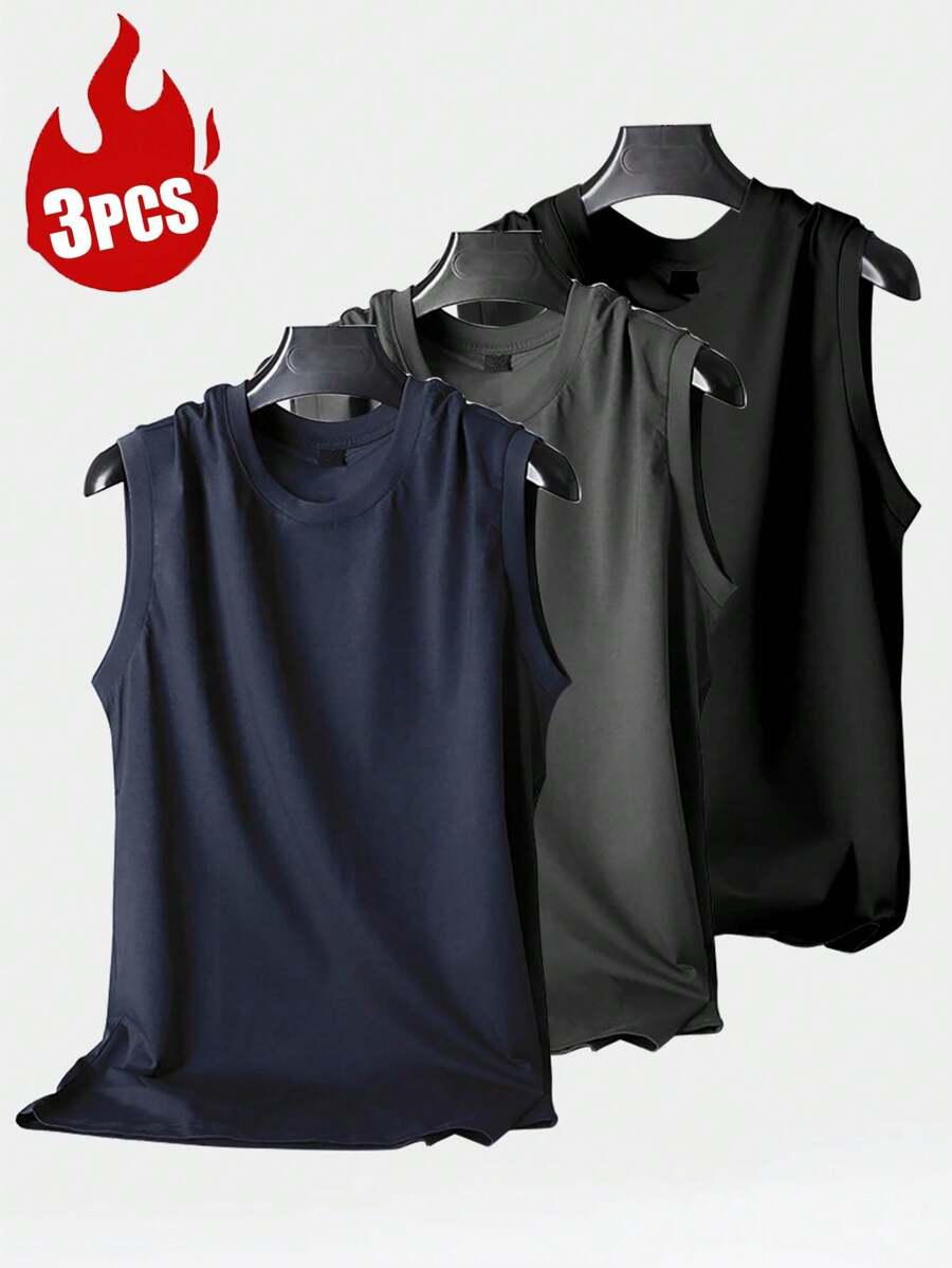 Set de 3 camisetas deportivas casuales para hombres, de tela de punto ligera y transpirable, cuello redondo sin mangas, adecuadas para el gimnasio y el uso casual