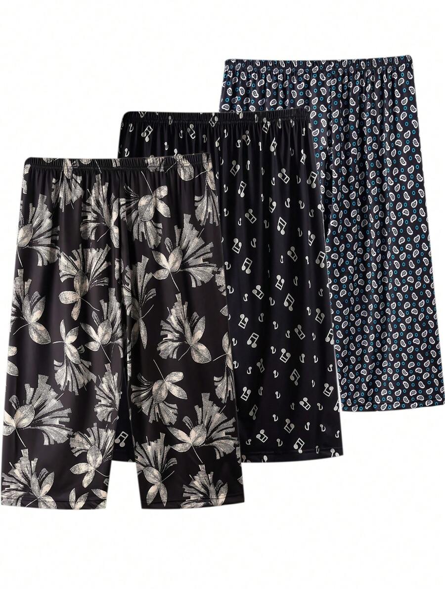 3pcs Women's Plus Casual Sleep Shorts, Plus Size Floral Print Elastic Waist Loose Home Wear Capri Pants
